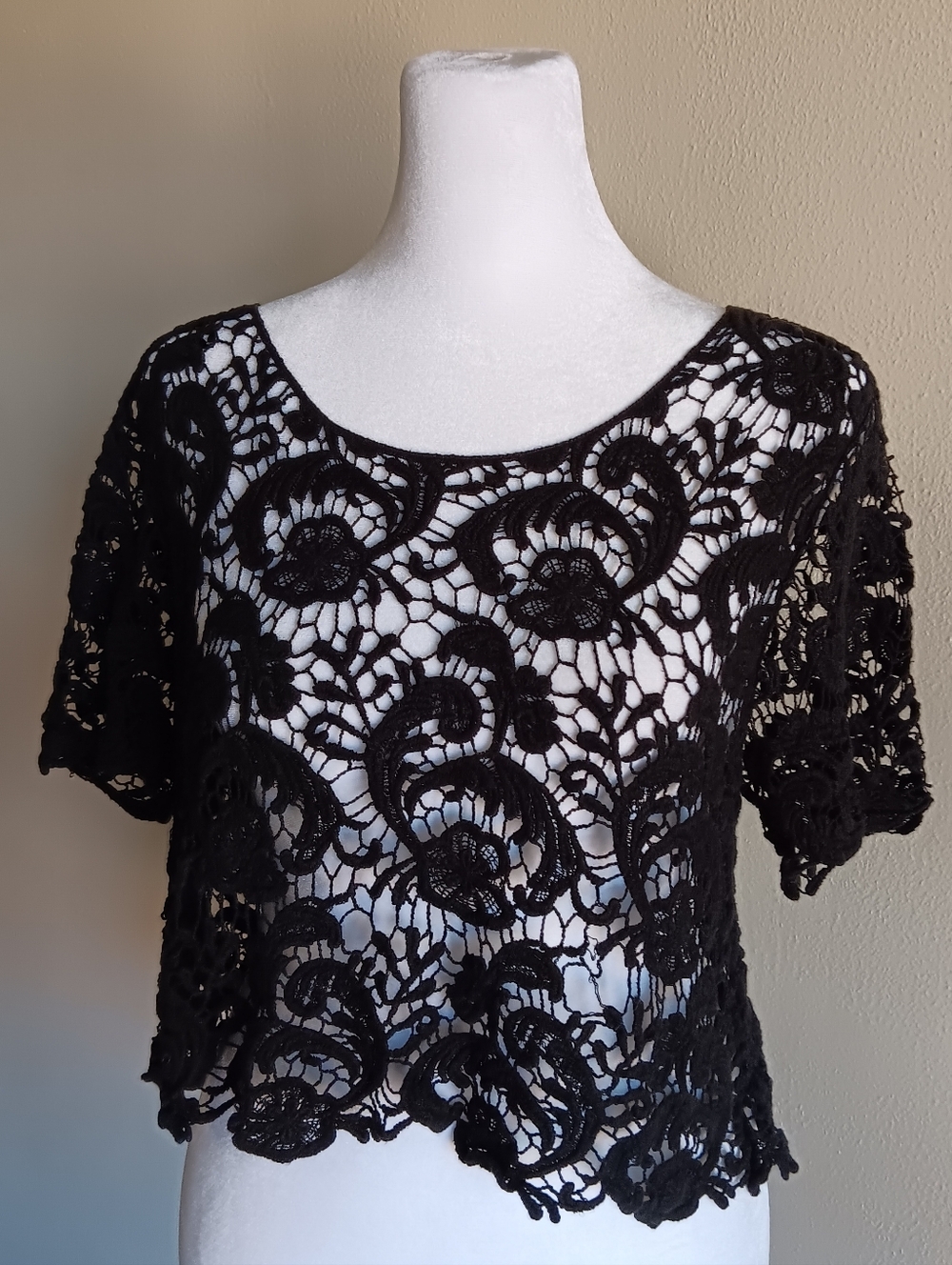 Black Crochet Lace Short Sleeve Medium Top, Rave Wear Goth Scene Grunge 90s